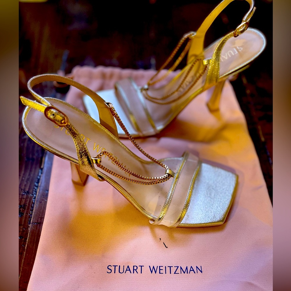 Stuart Weitzman Roxana Gold Chain Mesh heels size 9.  Includes dustbag.